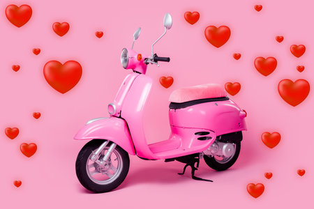Photo of bright transport for woman comfortable seat italian style scooter isolated on pink color backgroundの写真素材