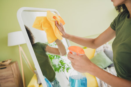 Cropped photo of attractive young woman cleaning mirror tidy up dressed green outfit daylight home...
