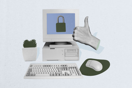 Composite photo collage of hand show like closed lock pc device monitor keypad mouse antivirus...