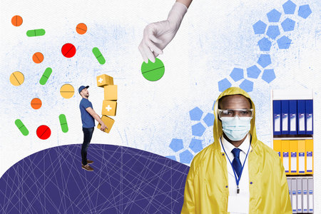 Composite trend sketch image collage of workspace young guy scientist work research doctor diagnosis laboratory delivery guy hold boxesの写真素材