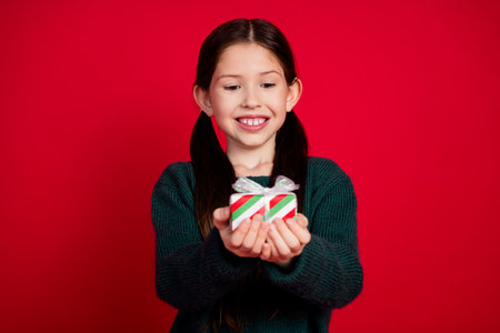 Photo portrait of charming little girl hold little present dressed green christmas garment celebrate winter holidays on red backgroundの写真素材