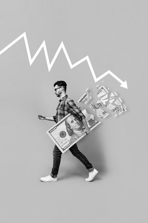 Creative photo 3d collage artwork of young worker move carry big usd banknote rate income fall down...