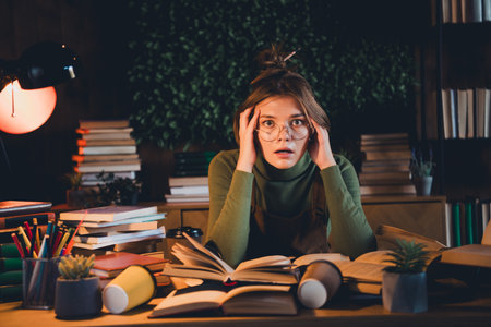 Young woman wearing a casual green turtleneck and overalls sits in home study space filled with booksの写真素材