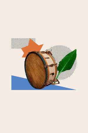 Vertical art trend collage of retro drum music instrument event studio meloman hit playlist rock vibe performance weekendの写真素材