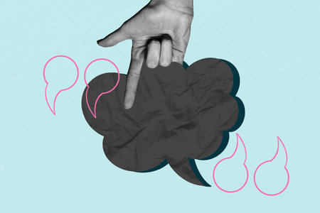 Exclusive art banner collage of hand show index finger point cloud communication speech chatterbox quotes conversation phraseの写真素材