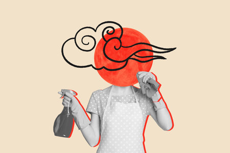 3D collage design composite trend artwork sketch of headless woman housewife hold spray clean house...