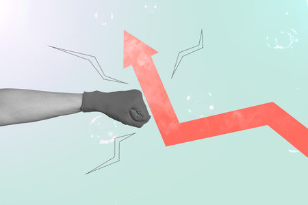 3D collage trend artwork composite sketch poster of leadership goal purpose challenge success motivation fist punch fight arrow move upの写真素材