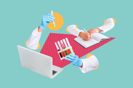 Creative sketch collage of doctor hands hold tube flask booster vaccine creation laboratory laptop...