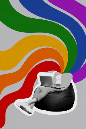 3D photo collage template trend artwork of headless young lady sit beanbag work laptop rainbow Pride LGBT gender love community out rightsの写真素材