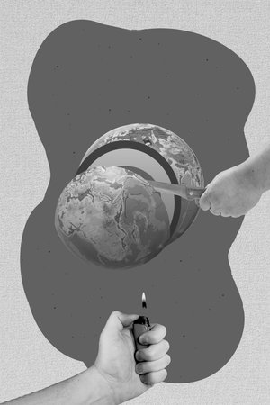 Creative photo 3d collage artwork poster postcard of human arm cause natural disaster cataclysm...