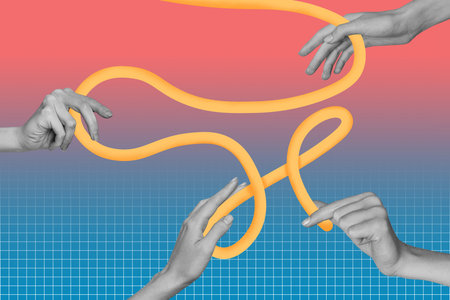 3D collage design composite trend artwork sketch of line illustration four hand hold figure body...