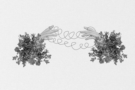 Minimalistic collage photo poster postcard of connection between two human arms touch isolated on...