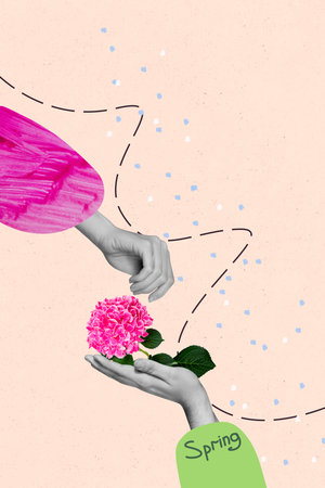 Vertical sketch 3d artwork collage poster of hands hold hydrangea flower bloom offer florist spring...