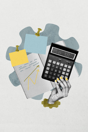 Vertical art collage of hand hold calculator tool economy growth gear optimization arrow success pointer memo sticker calculatorの写真素材
