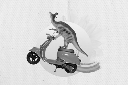 Creative funny collage of advert kids playing game fantasy story dino drive fast motor bike under flower sun raysの写真素材