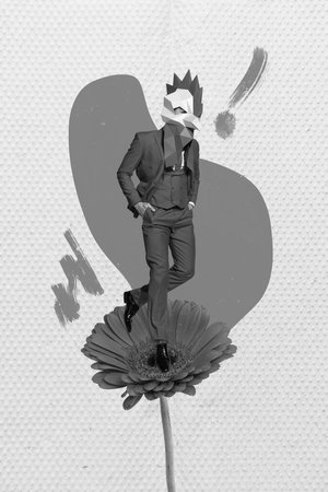 Creative 3d photo collage artwork painting of strange guy wear cock mask walking red flower isolated drawing backgroundの写真素材