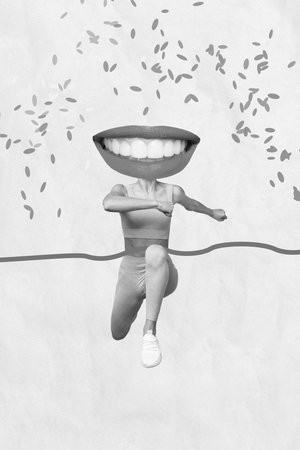 Artwork magazine collage picture of purposeful lady mouth instead head win runner isolated drawing backgroundの写真素材