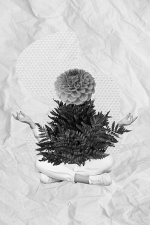 Creative weird magazine collage of strange goddess person with peony face fern body praying meditatingの写真素材