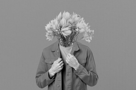 Composite collage image of headless person bunch fresh flowers instead head wear red jacket isolated...