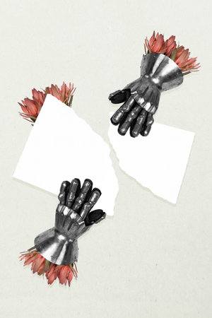 Art image vertical photo collage of hands hold wildflower bouquet bloom wear steel armor gloves...