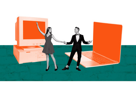 Creative sketch doodle collage of two happy girl guy business partners dance together freelance...