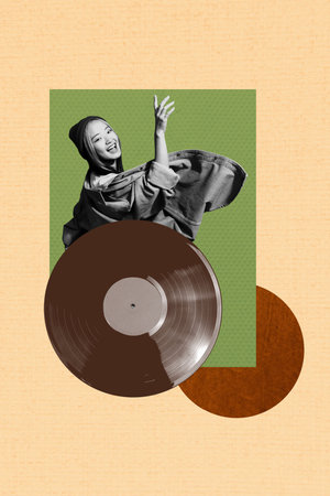 3D photo collage template trend artwork composite of young lady smile happy vinyl play music night occasion party carefree weekendの写真素材