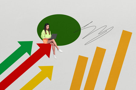 Sketch image trend artwork montage 3D photo collage of young woman sit work laptop purpose leadership progress competition developmentの写真素材