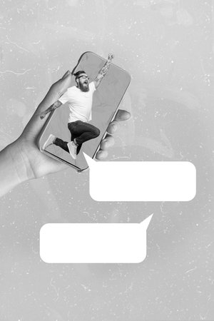 Vertical collage image of black white gamma arm hold telephone display excited overjoyed guy raise fist empty space dialogue bubbleの写真素材
