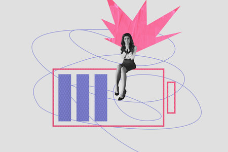Exclusive art banner collage of puzzled businesswoman sit accumulator batter loading icon capacity exhaustion stress workloadの写真素材