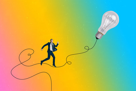 Art 3d sketch photo image collage of happy businessman wear formal suit run cable light bulb idea finding success developmentの写真素材