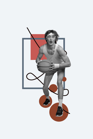 3D photo collage template trend artwork composite of young guy sportsman play basketball game hand hold ball equipment training energeticの写真素材