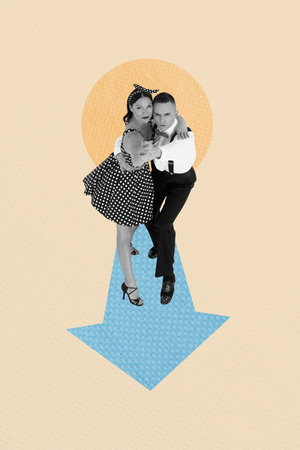 Trend artwork banner sketch photo collage of arrow way direction young lady man dance tango occasion clubber night leisure entertainmentの写真素材