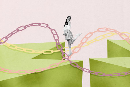 Composite art 3d image collage of happy girl stand colorful chain freedom crack development workload imprisonment crack obstacleの写真素材