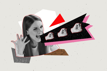Composite art 3d creative image collage of angry girl activist scream hands fist gesture showing revolution concept strikeの写真素材