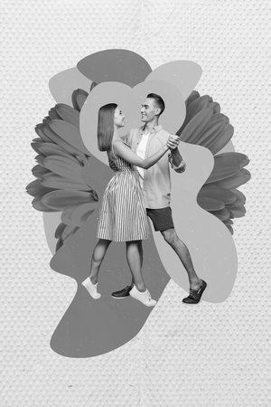 Creative magazine template collage of lady guy have soulmate romance dating over colorful gerbera pattern backgroundの写真素材