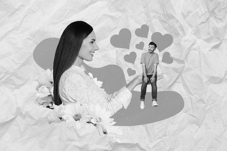 Creative magazine banner collage of gentle lady hold her small husband dream true love relationship conceptの写真素材