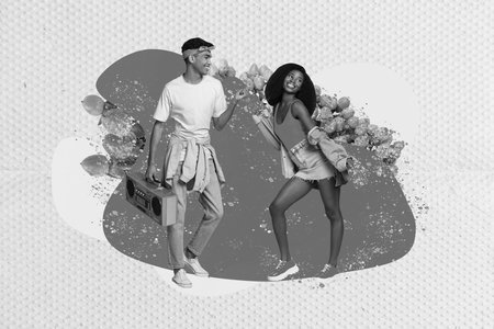 Creative magazine collage of two youth male lady dancing rhythm hold boom box occasion on floral backgroundの写真素材