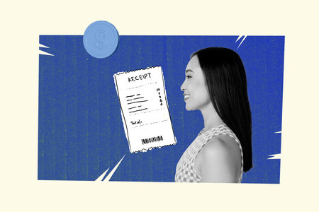 Exclusive sketch collage of excited businesswoman receive dollar coin cafe recipe payment currency earnings progress jackpotの写真素材