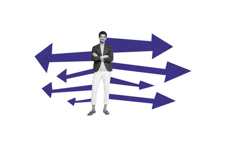 Exclusive art banner collage of happy businessman stand crossed hands arrow development pointer success career growth conceptの写真素材