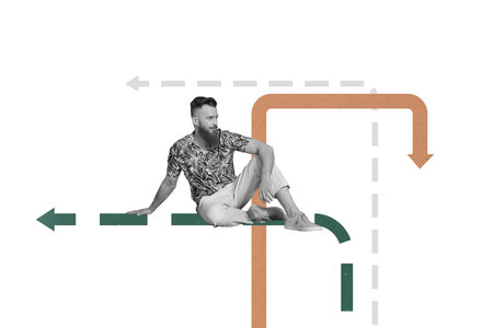 Art 3d sketch collage of puzzled businessman sit arrow regress recession problem statistics decline...