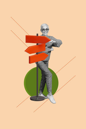 Creative 3D photo collage trend artwork template of aged woman wear sunglass walk choose way...