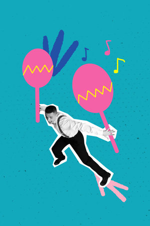 Art vertical photo collage of happy man hold big cartoon maracas latino music instrument beat rhythm...