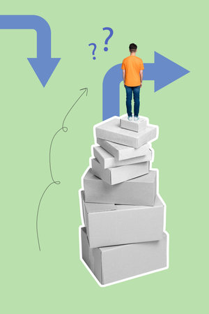 Template sketch trend artwork 3D photo collage of shopping service buy delivery post pile box young man stand way arrow route think chooseの写真素材