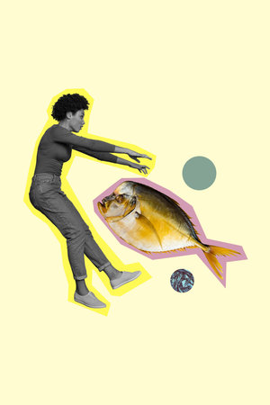 Vertical sketch 3d artwork collage poster of astonished girl fly wild fish dorado hunting underwater habitat fishingの写真素材