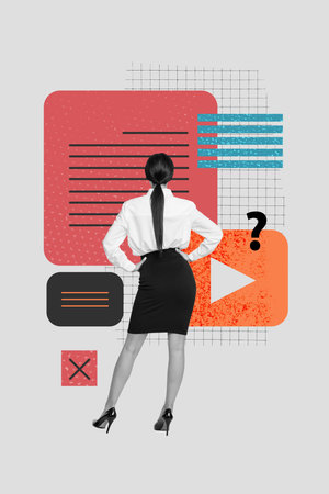 Vertical art creative collage of anonym businesswoman stand back look webpage icon question mark webpage workload to do taskの写真素材