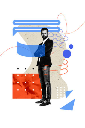 Exclusive image vertical photo collage of serious businessman stand crossed hands bubble interface communication speech iconの写真素材