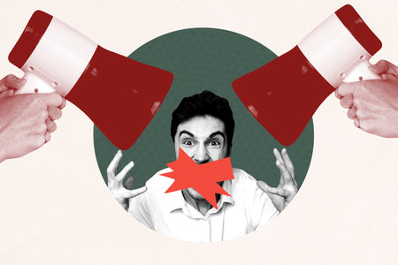 Trend artwork template design 3D collage sketch of young man angry scream loudspeaker strike placard human banner power resources citizenの写真素材