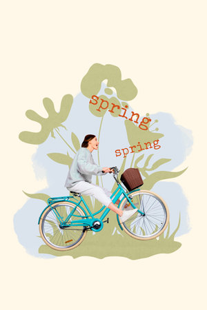 Art image vertical photo collage of happy girl ride bicycle spring trip transport flower bloom atmosphere cyclist adventureの写真素材