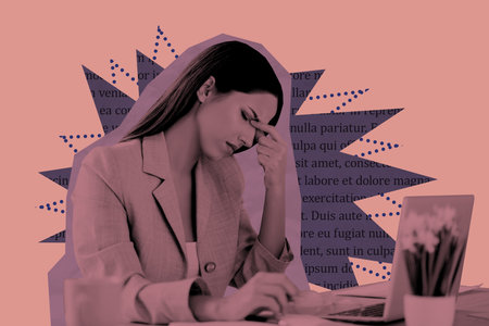 Trend artwork banner sketch 3D photo collage of recruitment hiring human resources workspace young woman sit work laptop tired burnoutの写真素材