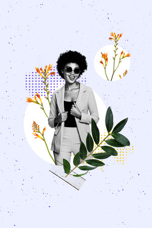 Vertical sketch 3d collage poster of happy american girl wear formal suit sunglass spring wildflower bloom leaves branchの写真素材